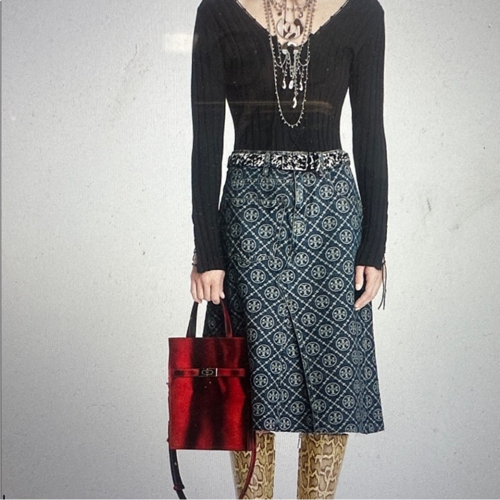 Tory Burch Blue Patterned Midi Skirt with Navy Motif